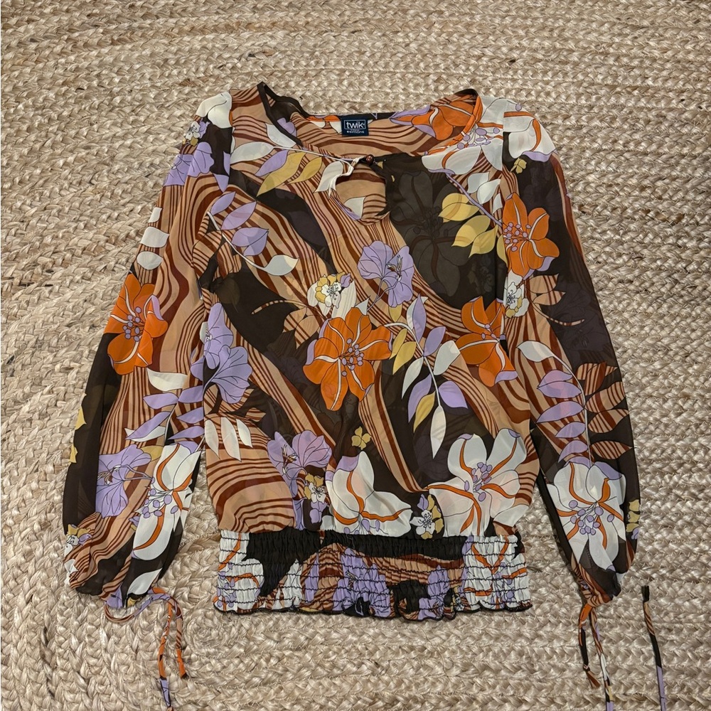 Vintage sheer printed long sleeve top with ties